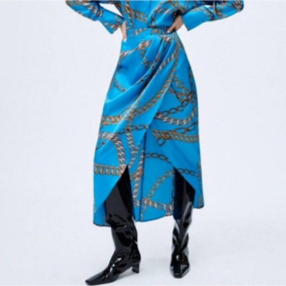 Zara Blogger Favorite Chain Print Satin Pareo Wrap Midi Skirt XL - Picture 1 of 6